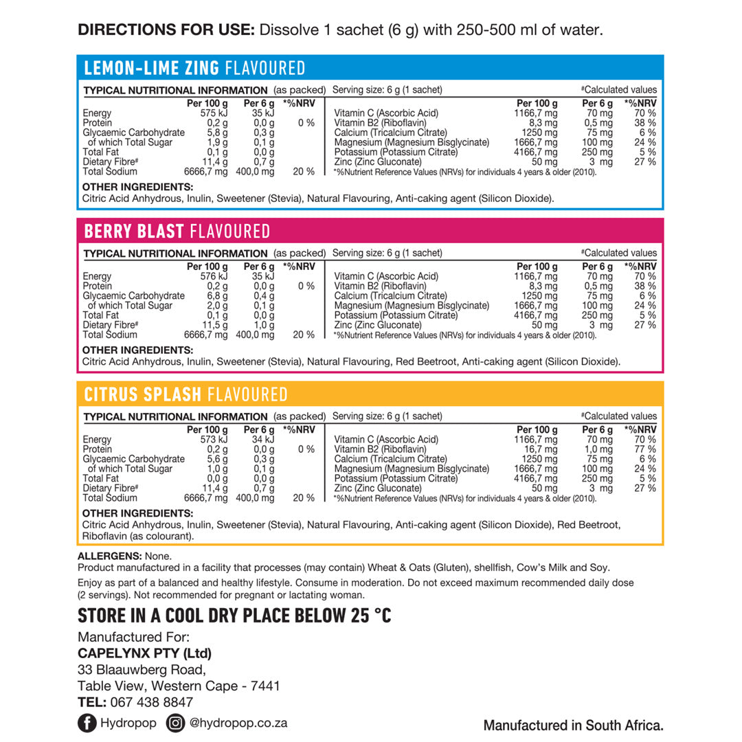 Nutritional information and directions for use of a powdered drink mix with lemon-lime, berry blast, and citrus splash flavors.