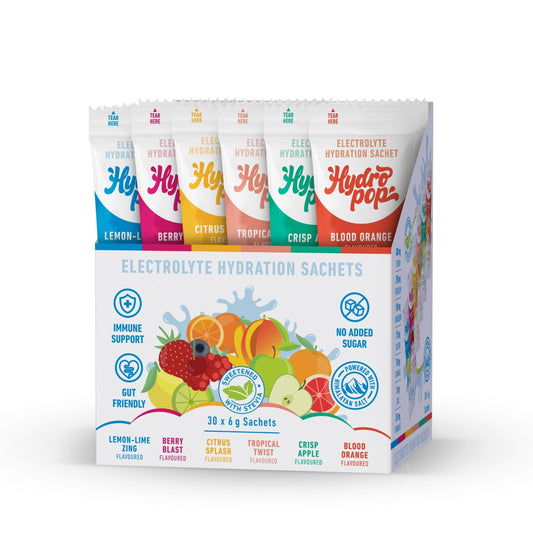 Hydropop Variety Daily Electrolyte Hydration Drink 30 Pack | Lemon-Lime Zing, Berry Blast, Citrus Splash, Tropical Twist, Crisp Apple, Blood Orange