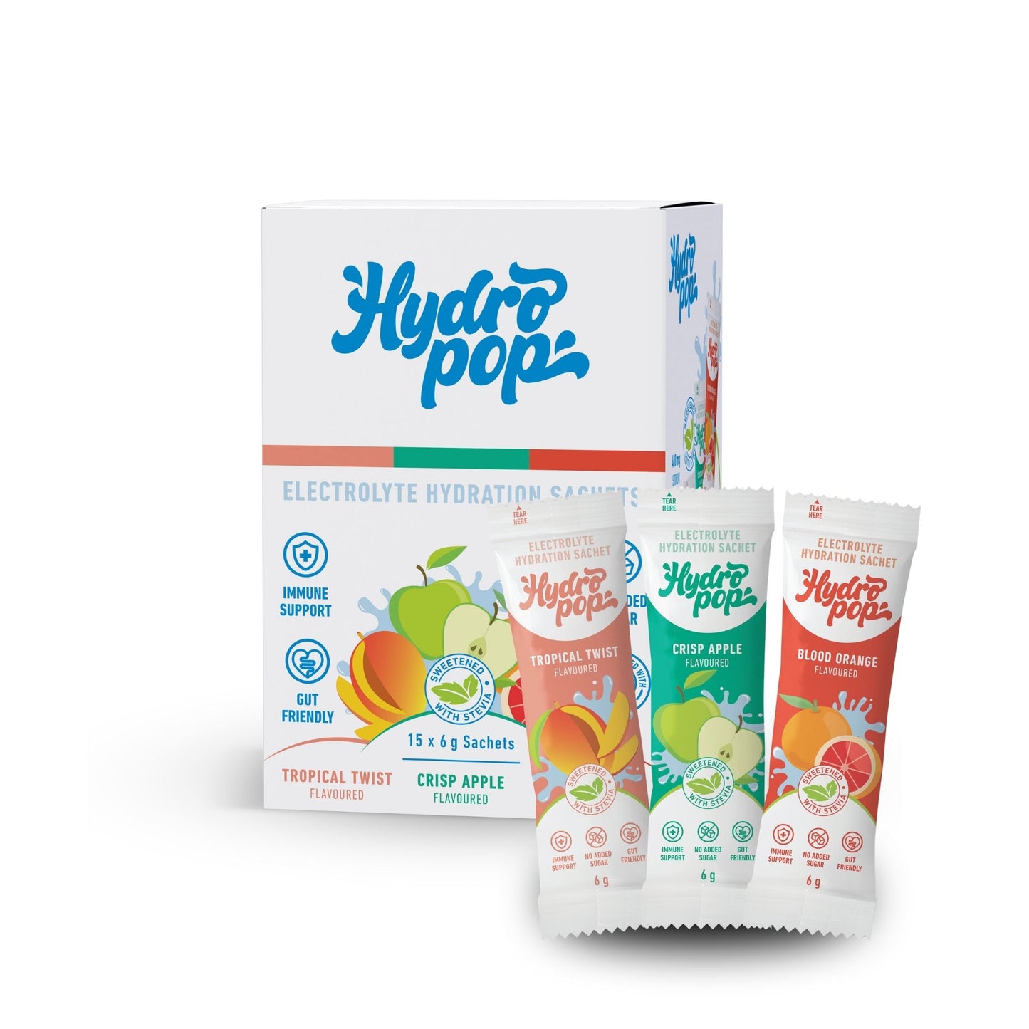 Hydropop Variety Daily Electrolyte Hydration Drink 15 Pack | Tropical Twist, Crisp Apple, Blood Orange