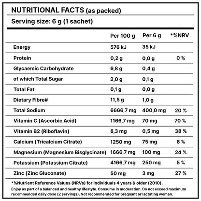Nutritional facts label for a product with serving size, energy, protein, carbohydrates, and various vitamins and minerals listed.