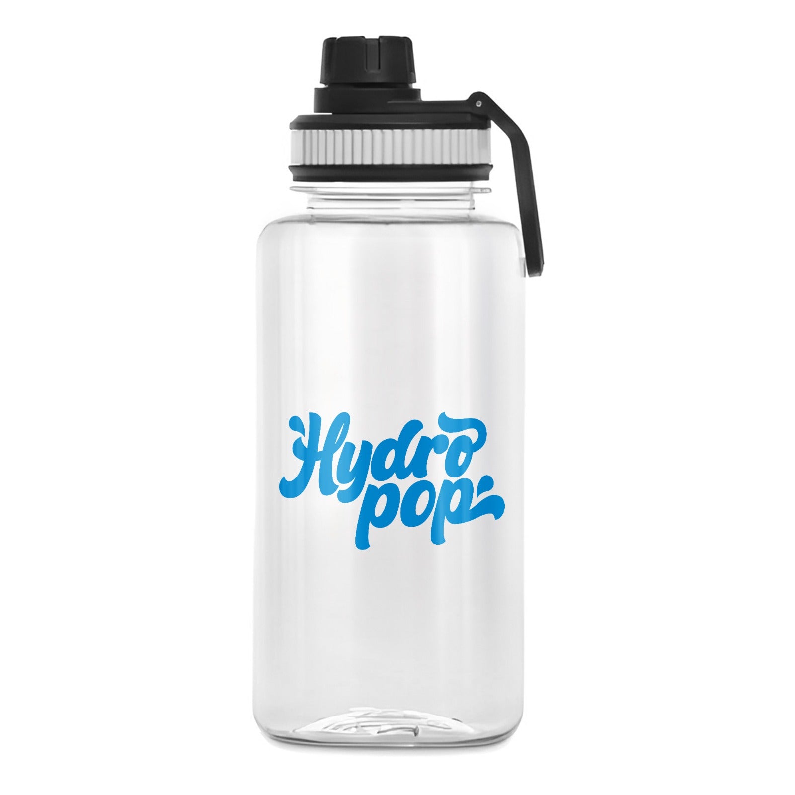 Clear water bottle with black lid and blue 'Hydropop' logo on a white background