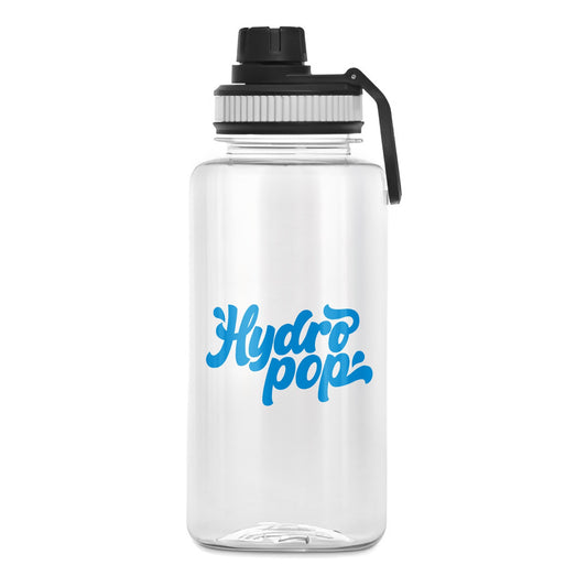 Clear water bottle with black lid and blue 'Hydropop' logo on a white background