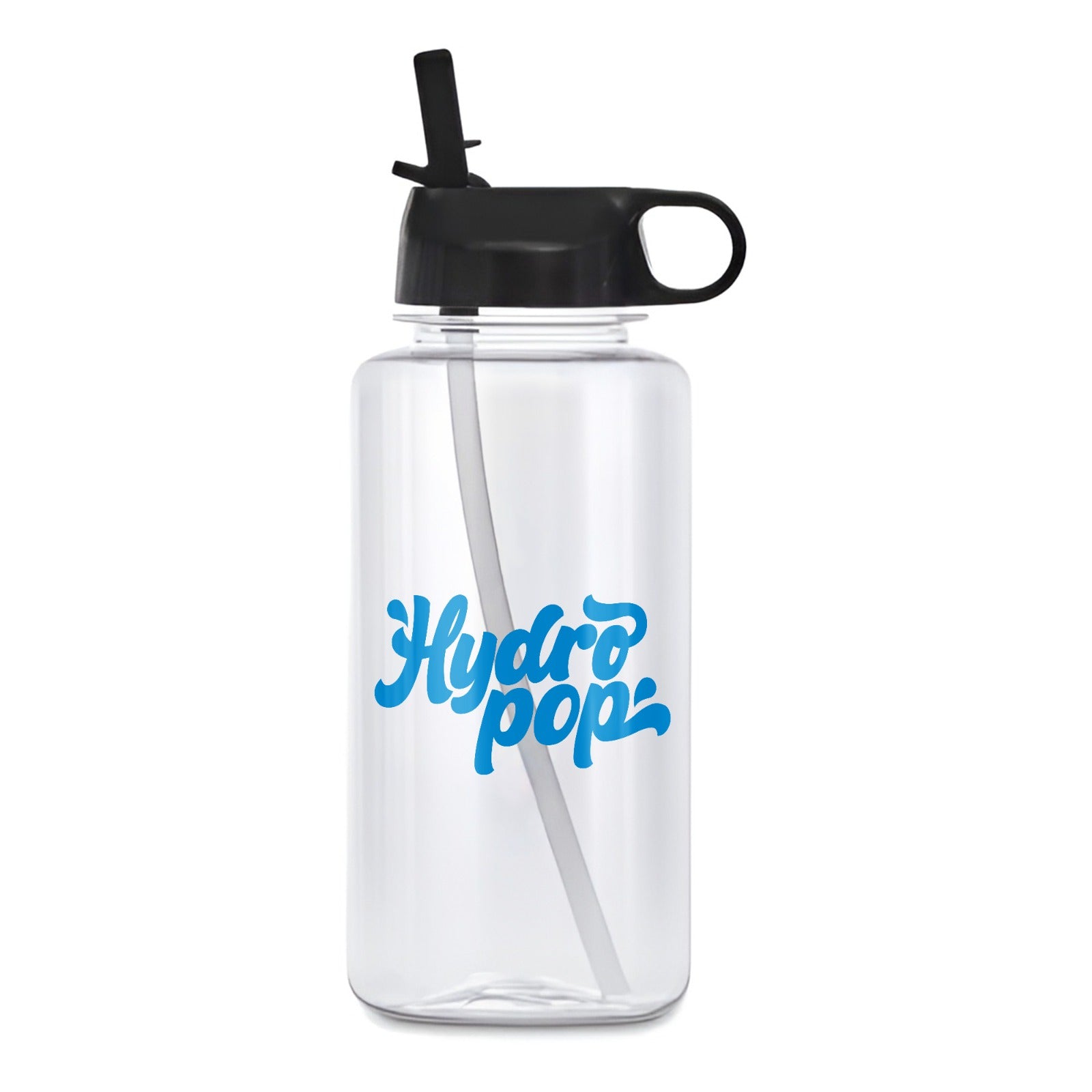 Clear water bottle with black lid and straw, featuring 'Hydropop' logo.