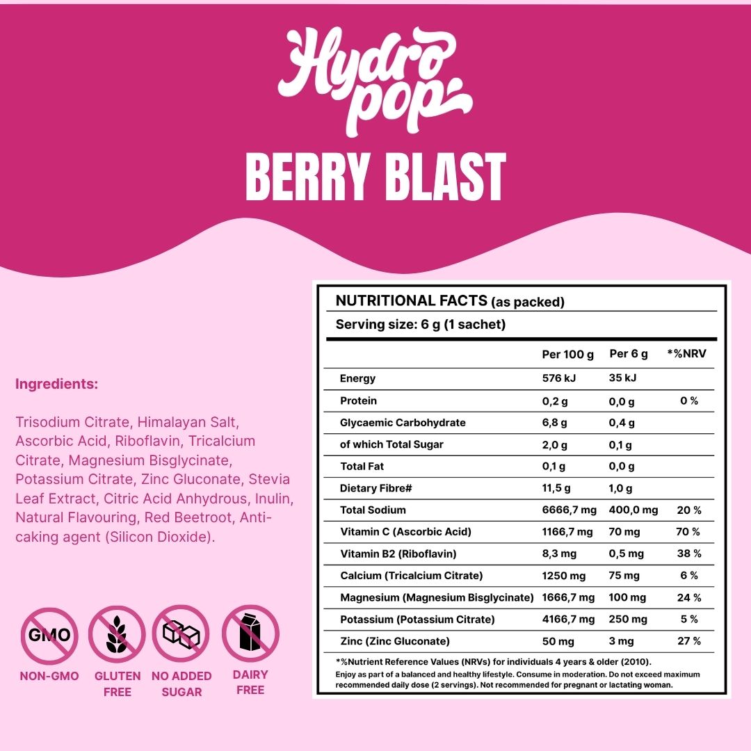 Nutritional facts and ingredients list for Hydropop Berry Blast on a pink background