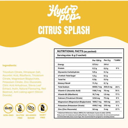 Nutritional facts and ingredients list for Hydropop Citrus Splash on a yellow and white background.