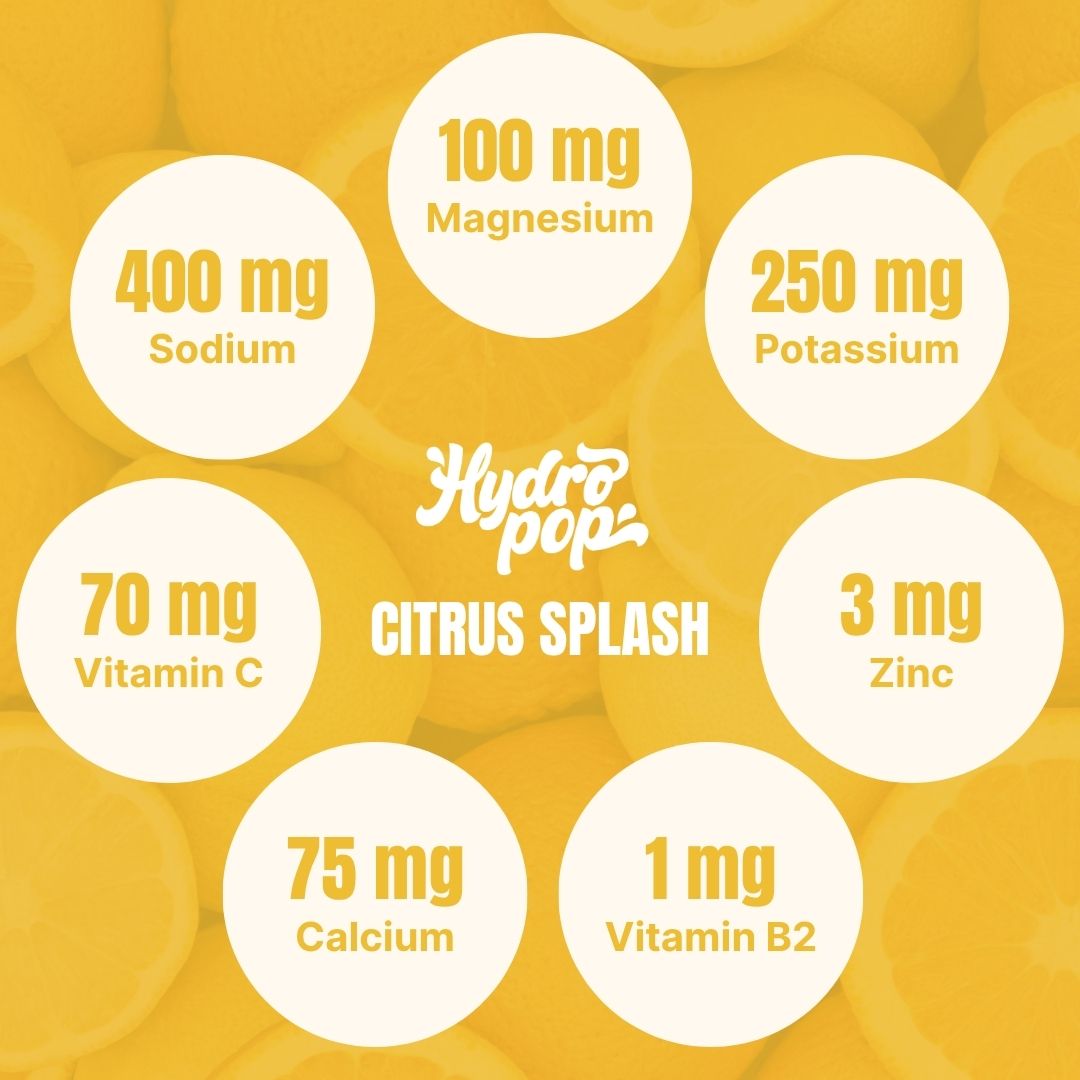 Nutritional information of Hydropop Citrus Splash on a yellow background