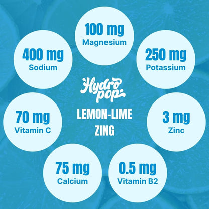 Nutritional information of Hydropops Lemon-Lime Zing on a blue background
