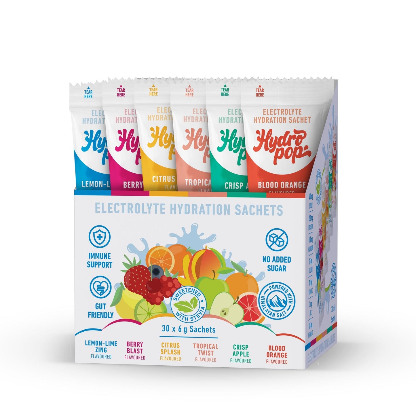 Hydropop Variety Daily Electrolyte Hydration Drink 30 Pack | Lemon-Lime Zing, Berry Blast, Citrus Splash, Tropical Twist, Crisp Apple, Blood Orange