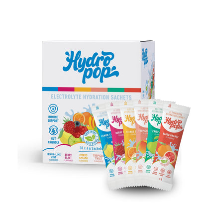 Hydropop Variety Daily Electrolyte Hydration Drink 30 Pack | Lemon-Lime Zing, Berry Blast, Citrus Splash, Tropical Twist, Crisp Apple, Blood Orange